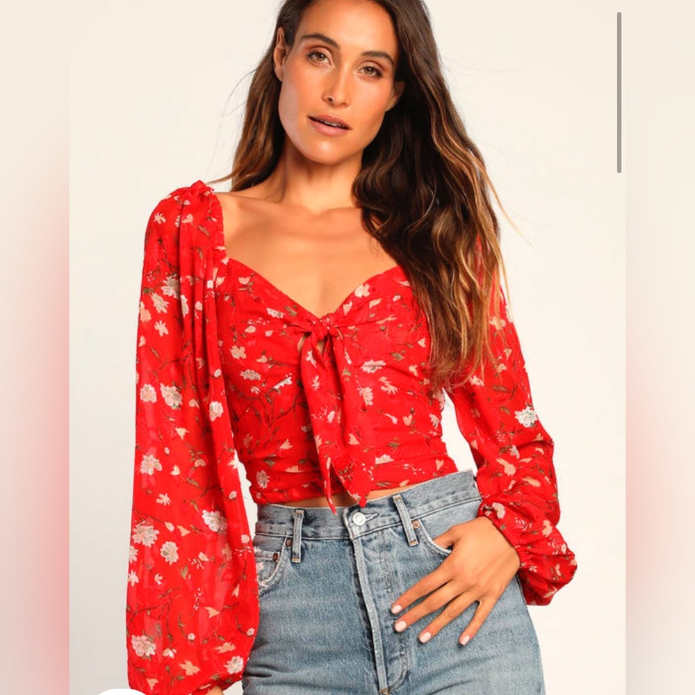 Flower Source Red Floral Print Tie-Front Long Sleeve Top